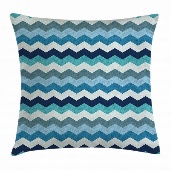 Aqua Throw Pillow Cushion Cover, Retro Vintage Chevron Geometrical Zig Zag Stripes, Decorative Square Accent Pillow Case, 16 X 16 Inches, Turquoise Light Blue Navy Blue and Seafoam, by Ambesonne