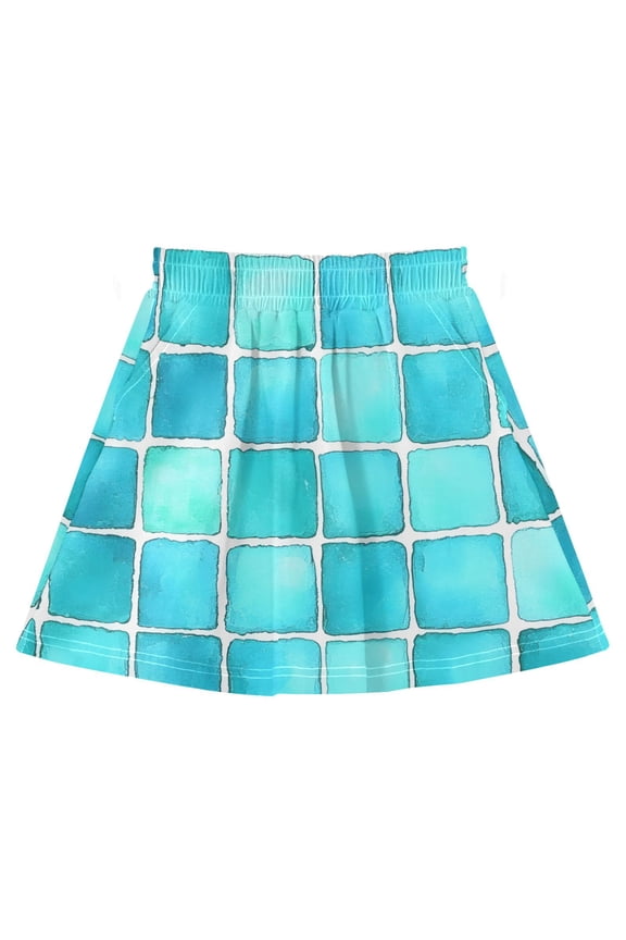 Aqua Tile Pattern Cotton Skirt Built-in Liner Elastic A-Line Flared Skirt with Pockets