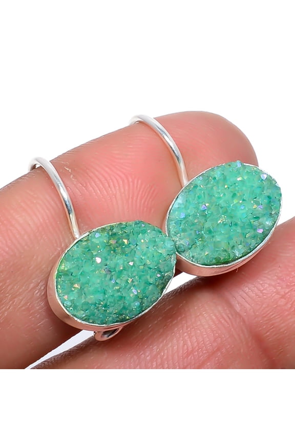 Aqua Titanium Quartz Drusy 925 Sterling Silver Earring 0.90" F2666, Handmade Jewelry, Dangle Earring