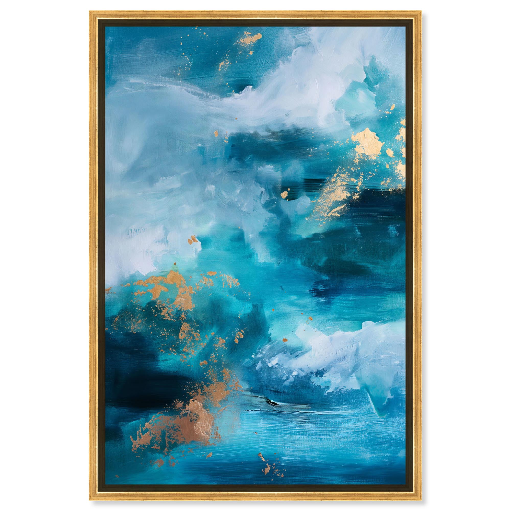 Aqua and Gold Abstract Canvas Art with Wooden Frame