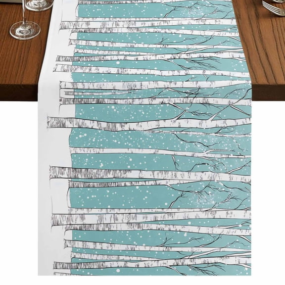 Aqua Tree Trunk 36 Inch Table Runner, Farmhouse Forest Snow Abstract Farmhouse Dresser Scarf Cotton & Linen Tablerunner for Dining/Kitchen Island/Holiday Party Décor Small 13" x 36"
