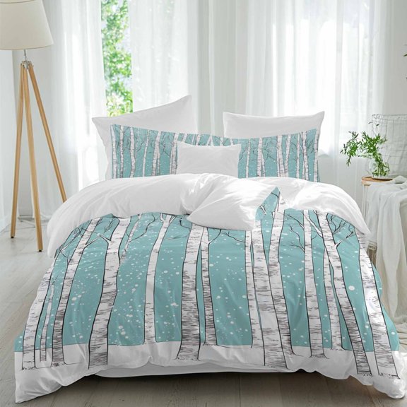 Aqua Tree Trunk 4 Piece Duvet Cover Set Twin Size Farm Forest Snow Watercolor Botanical Country Soft Bedding Set Comforter Cover, 1 Duvet Cover 1 Flat Sheets and 2 Pillowcases
