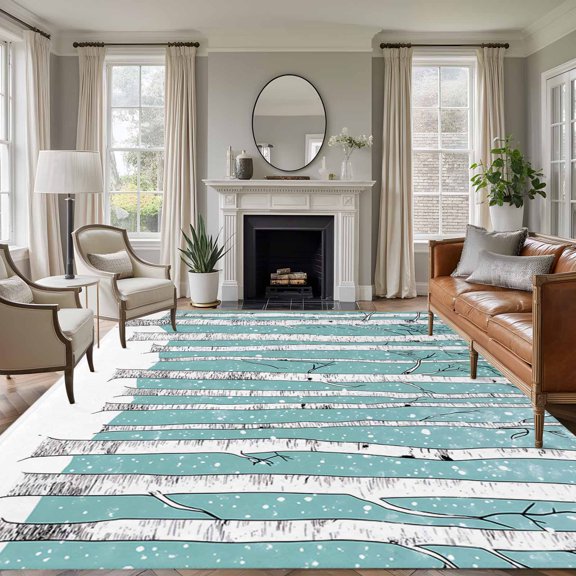 Aqua Tree Trunk 6'x9' Area Rug for Living Room, Farmhouse Forest Snow Watercolor Washable Non-Slip Floor Mat Rugs for Bedroom Dining Room, Indoor Large Carpet for Classroom, Nursery Rugs for Playroom