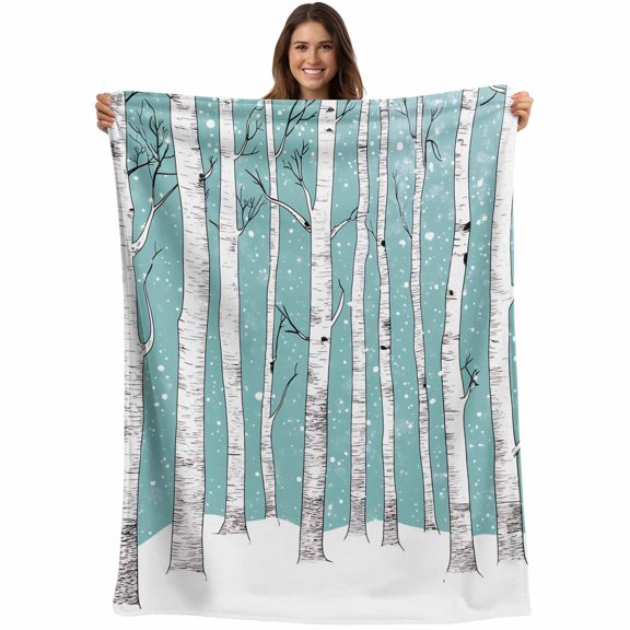 Aqua Tree Trunk Blanket Soft Cozy Warm Throw Blanket for Couch, Plush Fuzzy Flannel Fleece Blankets for Sofa, Farmhouse Forest Snow Watercolor Bed Blankets Lightweight Gifts for Women, 30"x40"
