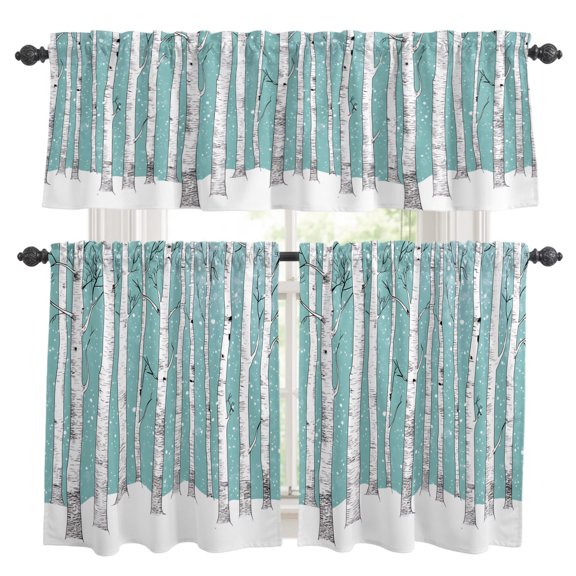 Aqua Tree Trunk Kitchen Curtains Valance and Tier Set Farmhouse Forest Snow Watercolor Botanical Rod Pocket Short Curtains for Small Window 3 Pieces Set for Bedroom (54" x 18"+27" x 24")