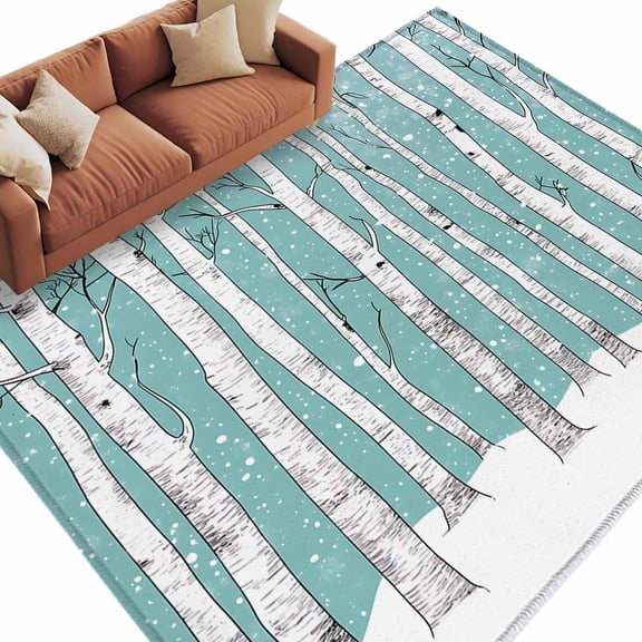 Aqua Tree Trunk Large Area Rugs for Bedroom Living Room, Soft Non Slip Carpet Bedside Rug, Farmhouse Forest Snow Watercolor Rectangular Floor Cover Kitchen Accent Rug 6'x9' for Dining Room/Office