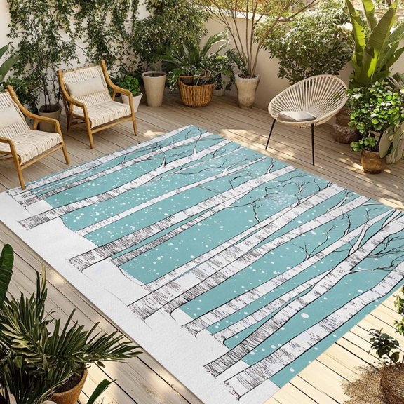 Aqua Tree Trunk Outdoor Rug 3x5 Ft - Reversible Patio Rug Outdoor Camping Rugs, Farmhouse Forest Snow Abstract Washable Indoor Outdoor Area Rugs, Non-Slip Outdoor Carpet Runner for Deck/Porch