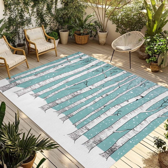 Aqua Tree Trunk Outdoor Rug 6x9 Ft - Reversible Patio Rug Outdoor Camping Rugs, Farmhouse Forest Snow Watercolor Washable Indoor Outdoor Area Rugs, Non-Slip Outdoor Carpet Runner for Deck/Porch