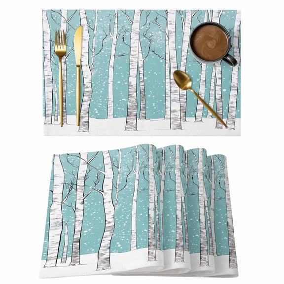 Aqua Tree Trunk Placemats Set of 4 Farmhouse Forest Snow Abstract Place Mats Indoor Wipeable Table Mats Washable Cloth Dining Table Placemats for Kitchen Holiday Party Home Decor 13x19 Inch