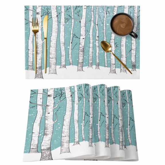 Aqua Tree Trunk Placemats Set of 4 Farmhouse Forest Snow Watercolor Place Mats Indoor Wipeable Table Mats Washable Cloth Dining Table Placemats for Kitchen Holiday Party Home Decor 13x19 Inch