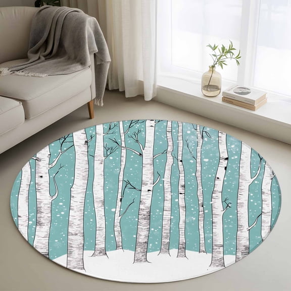 Aqua Tree Trunk Round Rug 4ft Washable Circle Entryway Rugs Non Slip Farmhouse Forest Snow Watercolor Area Rug Indoor Floor Carpet for Bedroom Kitchen Living Room Home Office Dining Room Nursery