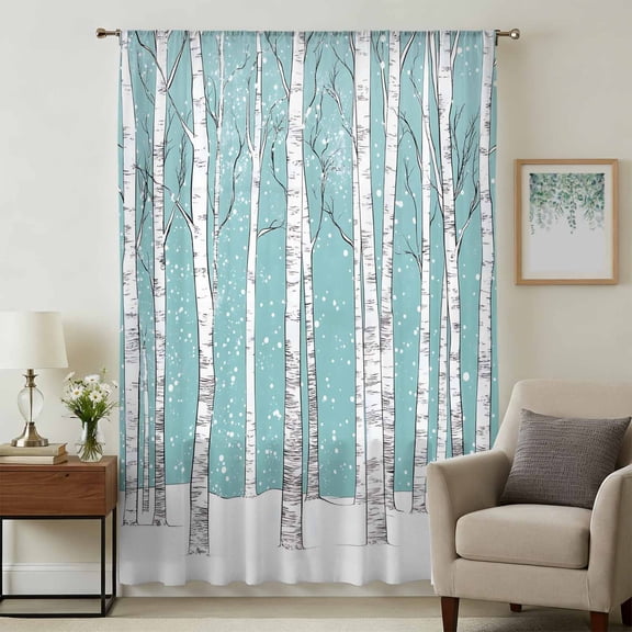 Aqua Tree Trunk Sheer Curtains 45 Inches Long, Farmhouse Forest Snow Abstract Light Filering Curtains, Breathable Simi Curtain Privacy Drapes for Kitchen Bathroom Lightweight Small Window Treatment