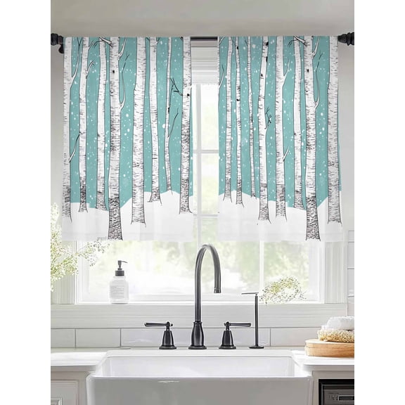 Aqua Tree Trunk Sheer Curtains for Living Room Bedroom Farmhouse Forest Snow Watercolor Sheer Curtains 45 Inch Long 2 Panels Set Light Filtering Curtain Window Treatments Drapes for Dining Room