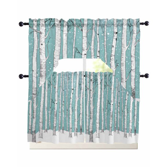 Aqua Tree Trunk Swag Curtains for Living Room/Bedroom Windows, Farmhouse Forest Snow Watercolor Kitchen Curtains and Valances Set 36 Inch Length, Light Filtering Swags Valance Curtain Panels
