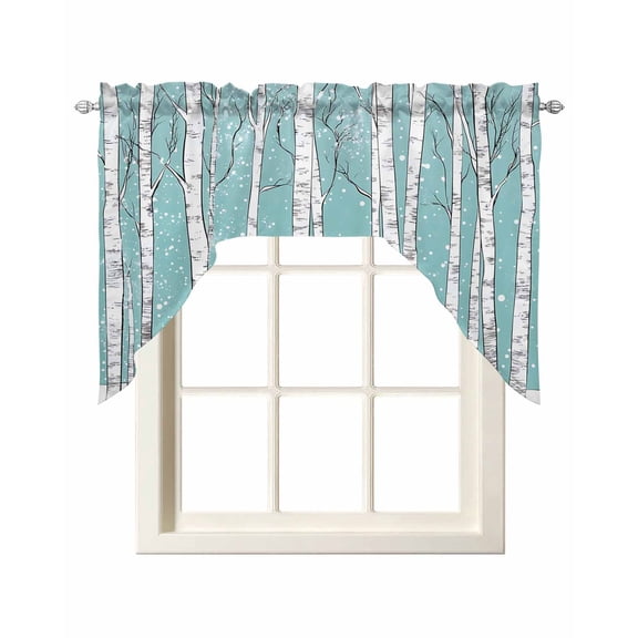 Aqua Tree Trunk Swag Valances for Windows, Small Curtains Drapes, Farmhouse Forest Snow Abstract Kitchen Window Curtains Over Sink Rod Pocket Window Treatment Valance for Bedroom/Bathroom 56"x36"