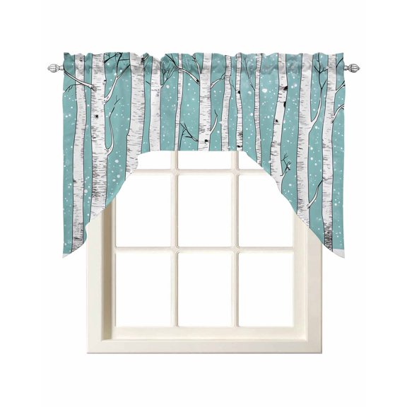 Aqua Tree Trunk Swag Valances for Windows, Small Curtains Drapes, Farmhouse Forest Snow Watercolor Kitchen Window Curtains Over Sink Rod Pocket Window Treatment Valance for Bedroom/Bathroom 56"x36"