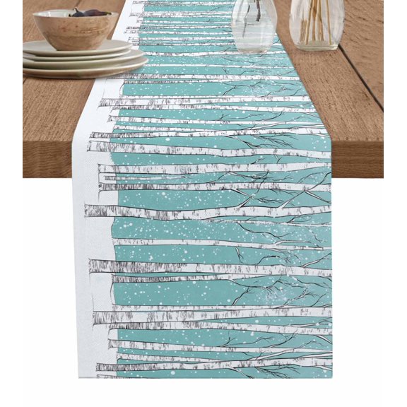 Aqua Tree Trunk Table Runner 36 Inches, Farmhouse Forest Snow Abstract Bed Runner Dresser Scarves Tabletop for Indoor Outdoor Parties/Ceremony/Banquet, 13"x 36"