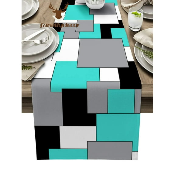 Aqua Turquoise Black Grey Patchwork Abstract Art Table Runner Home Wedding Table Mat Centerpieces Decoration Dining Tablecloth