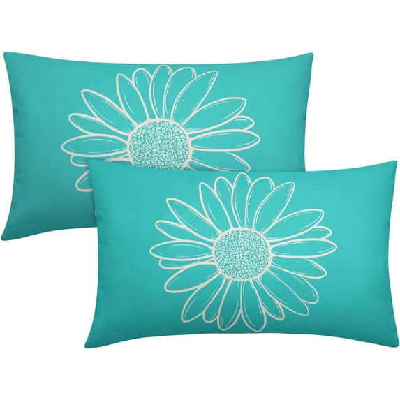 Aqua Turquoise Daisy Flower Lumbar Pillow Covers 12x20 Inch Set of 2 Spring Summer Floral Bloom Decorative Throw Pillows Seasonal Teal Pillow Cases Farmhouse Home Decor For Cushion Couch Outdoor