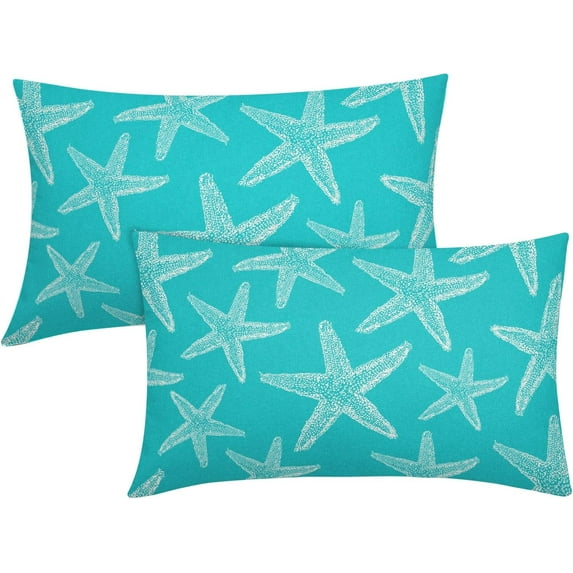 Aqua Turquoise Starfish Ocean Lumbar Pillow Covers 12X20 Inch Summer Nautical Coastal Beach Teal Decorative Pillow Cases Set of 2 Throw Pillows Seasonal Home Decor For Sofa Couch Cushion Outdoor