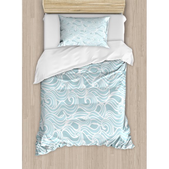 Aqua Twin Size Duvet Cover Set, Abstract Ikat Frame Antique Victorian Style Floral Leaves Details Art Print, Decorative 2 Piece Bedding Set with 1 Pillow Sham, Seafoam and White, by Ambesonne