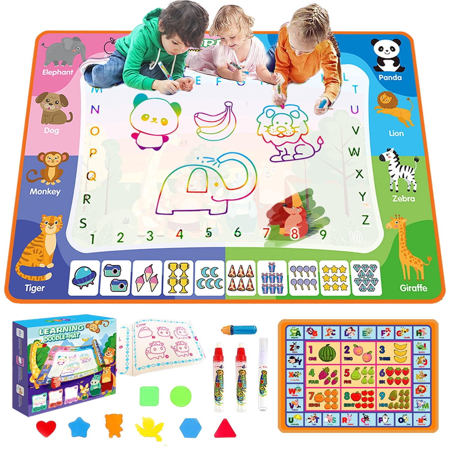 Aqua Water Doodle Mat, 3in1 Reusable Painting Drawing Writing Toys with Letter/Number/Animal/Fruit Patterns for Toddlers and Children (No Mess, Magic Colouring, Multi-Accessories)