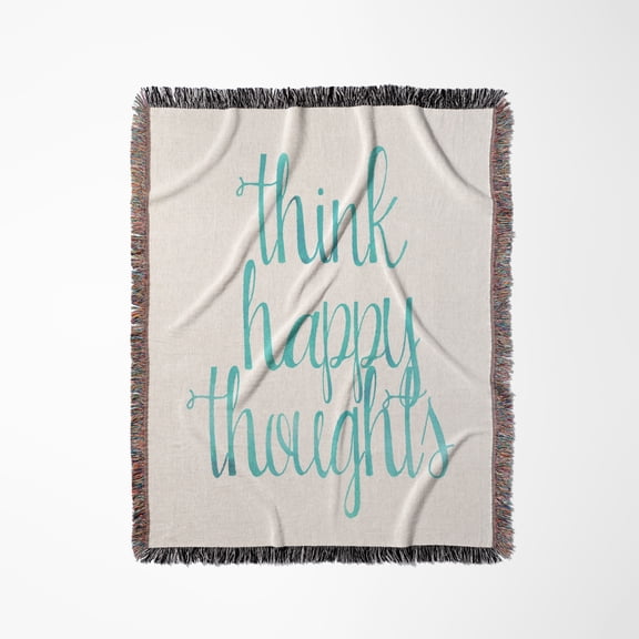 Aqua Watercolor Think Happy Thoughts, Woven Blanket