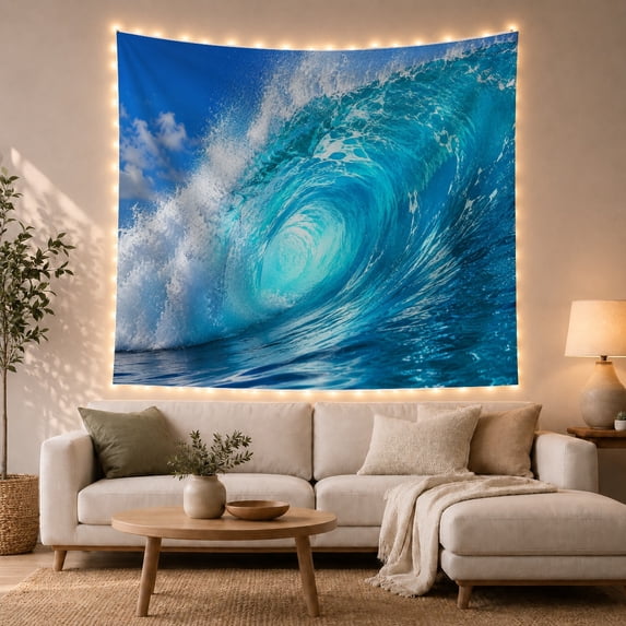 Aqua Wave with White Foam Bursting Against a Cobalt Sky, Energetic Psychedelic for Surf Lovers, Coastal Motion Wall Art, Birthday Gift Tapestry Wall Hanging for Bedroom and Living Room