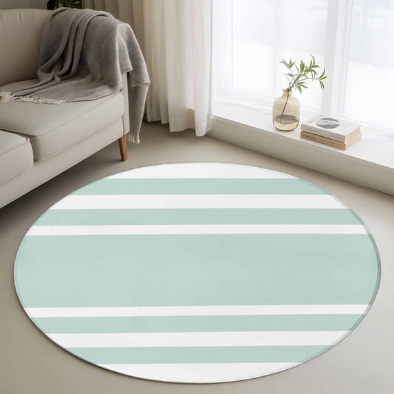 Aqua White 4FT Round Area Rugs for Living Room Stripe Ultra-Thin Non-Slip Round Rugs Machine Washable Low Pile Circle Carpet for Bedroom Kitchen Nursery