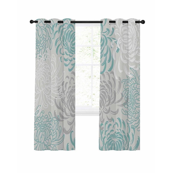Aqua White Blackout Curtains 45 Inches Long for Bedroom, Abstract Grey Chrysanthemum Flower Floral Thermal Insulated Room Darkening Black Out Window Curtain Panels Grommet Drapes for Living Room