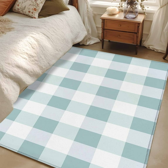 Aqua White Buffalo Check 3x5 Area Rugs, Farmhouse Plaid Modern Geometric Non-Skid Rubber Backing Large Rectangle Rugs - Living Room Bedroom Home Office, Indoor Floor Mat Carpets Washable Rug