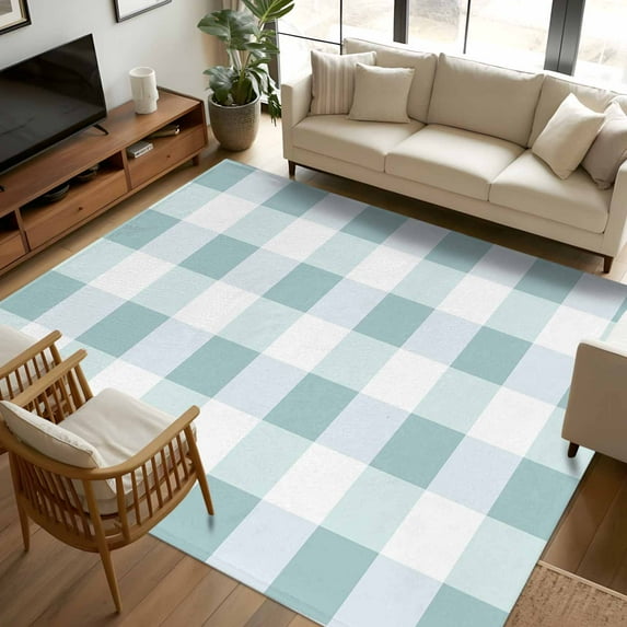 Aqua White Buffalo Check 5x7 Area Rugs, Farmhouse Plaid Modern Geometric Non-Skid Rubber Backing Large Rectangle Rugs - Living Room Bedroom Home Office, Indoor Floor Mat Carpets Washable Rug