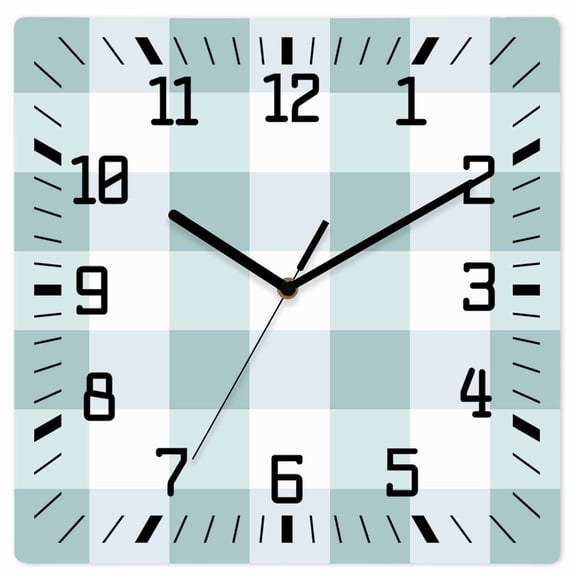 Aqua White Buffalo Check Wooden Wall Clock Silent Non Ticking, Farmhouse Plaid Modern Geometric Square Wall Clocks Battery Operated, Decor Clock for Home Office, Living Room, Kitchen, 12 Inch