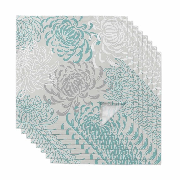 Aqua White Cloth Napkins, Abstract Grey Chrysanthemum Flower Floral Washable and Reusable Dinner Napkins Set of 8, Table Napkin for Kitchen Party Birthday Wedding Hotel Housewarming 20"x20"