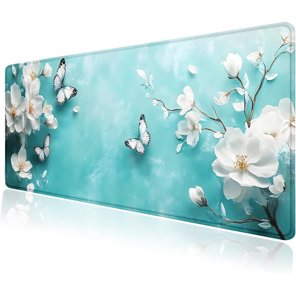 Aqua White Flowers Butterfly Large Mouse Pad, Desk Mat Computer Keyboard Pad Non-Slip Rubber Base Waterproof with Stitched Edges for Laptop Gaming, Office & Home 31.5 x 11.8 Inch (XL-22)