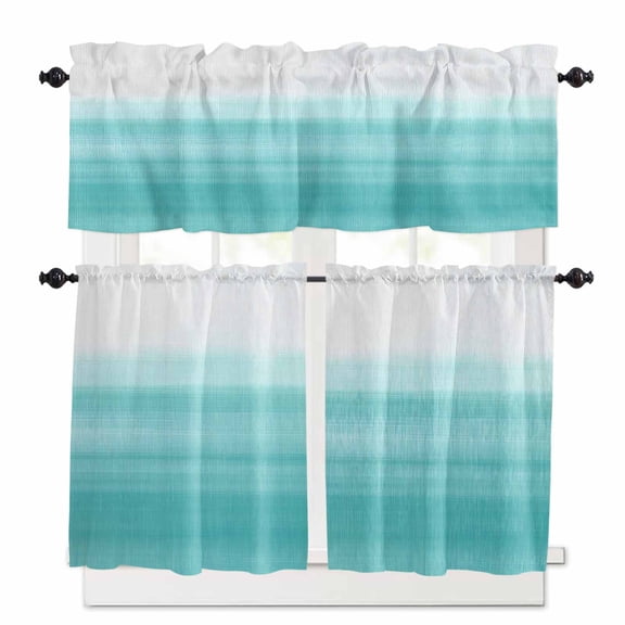 Aqua White Gradient Kitchen Curtains Valance and Tier Set Abstract Ombre Texture Modern Art Rod Pocket Short Curtains for Small Window 3 Pieces Set for Bedroom Bathroom Cafe (54" x 18"+27" x 36")