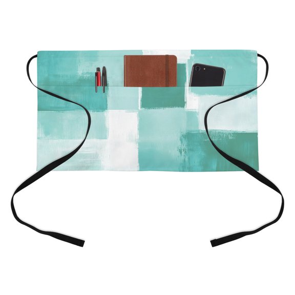 Aqua White Half Waist Apron Graffiti Art Mottled Gradient Color Blocks Modern Short Waiter Aprons with 3 Pockets for Women Men Kitchen Restaurant Cooking