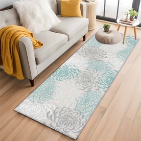 Aqua White Hallway Runner Rug 2'x6', Non Slip Area Rugs for Entryway, Abstract Grey Chrysanthemum Flower Floral Washable Low Pile Indoor Floor Carpet for Laundry Room Bedroom Kitchen Corridor