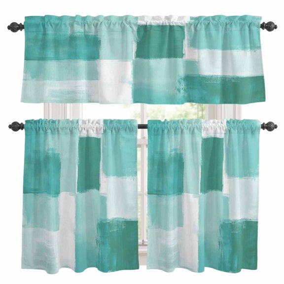 Aqua White Kitchen Curtains Valances and Tiers Set of 3 Graffiti Art Mottled Gradient Color Blocks Modern Tier Curtains and Valance with Rod Pocket for Small Windows, 27.5"x24"