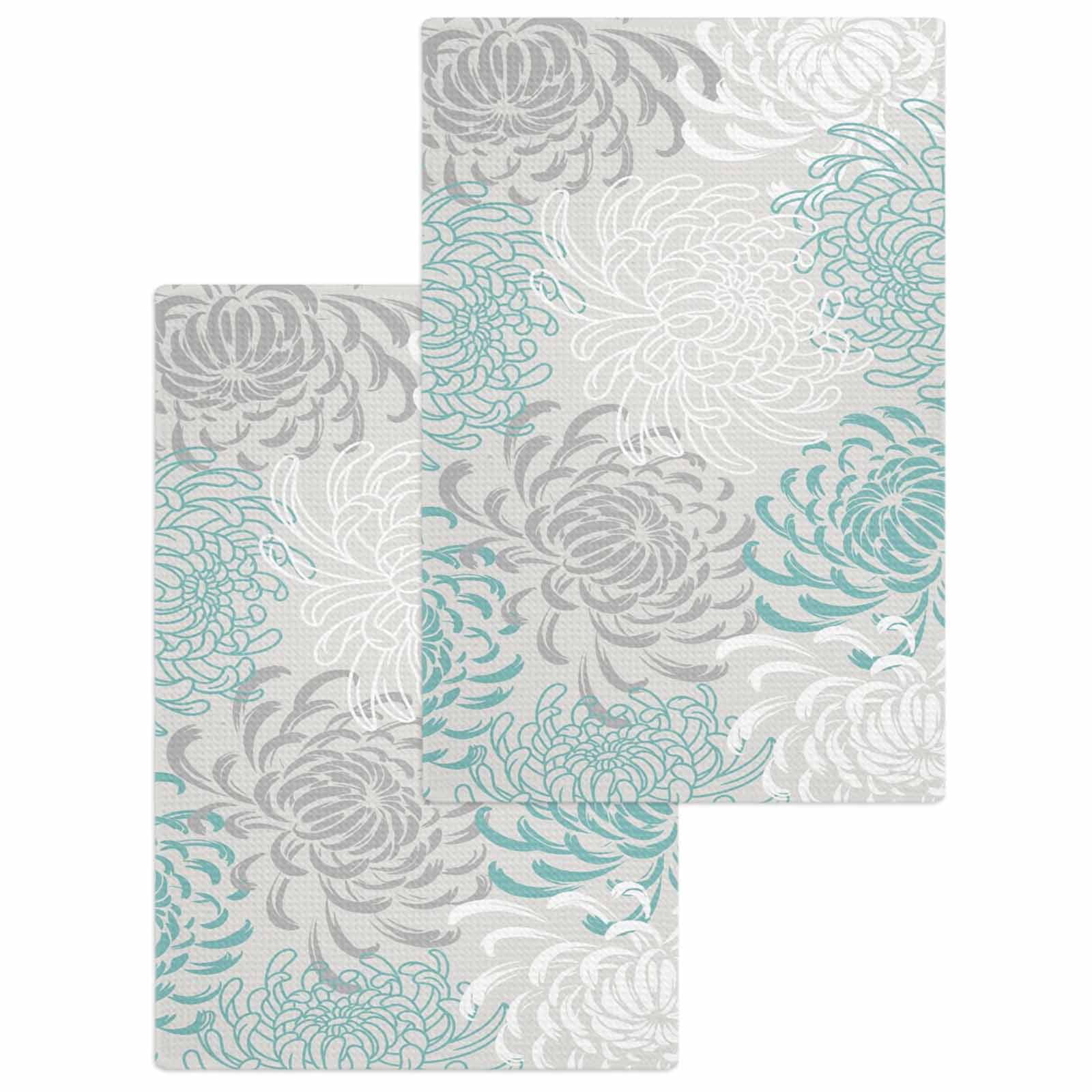Aqua White Kitchen Dish Towels for Drying Dishes Set of 2, Abstract Grey Chrysanthemum Flower Floral Waffle Weave Microfiber Hand Tea Bathroom Towels Quick Dry & Absorbent Towel 15.7x23.6