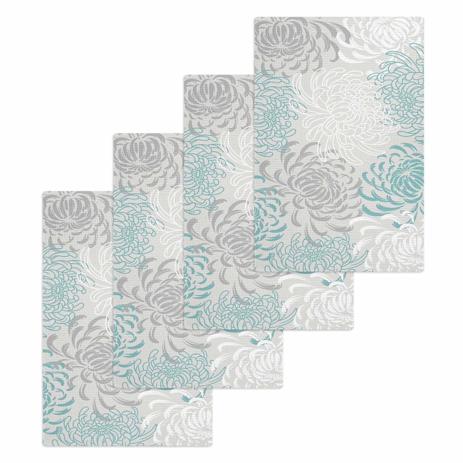 Aqua White Kitchen Dish Towels for Drying Dishes Set of 4, Abstract Grey Chrysanthemum Flower Floral Waffle Weave Microfiber Hand Tea Bathroom Towels Quick Dry & Absorbent Towel 15.7x23.6