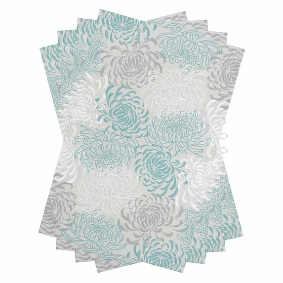 Aqua White Kitchen Towels Set of 4, Water Absorbent Dish Towel, Abstract Grey Chrysanthemum Flower Floral Decorative Hand Towels - Quick Drying Cloth for Cooking Baking, 18x28 Inch