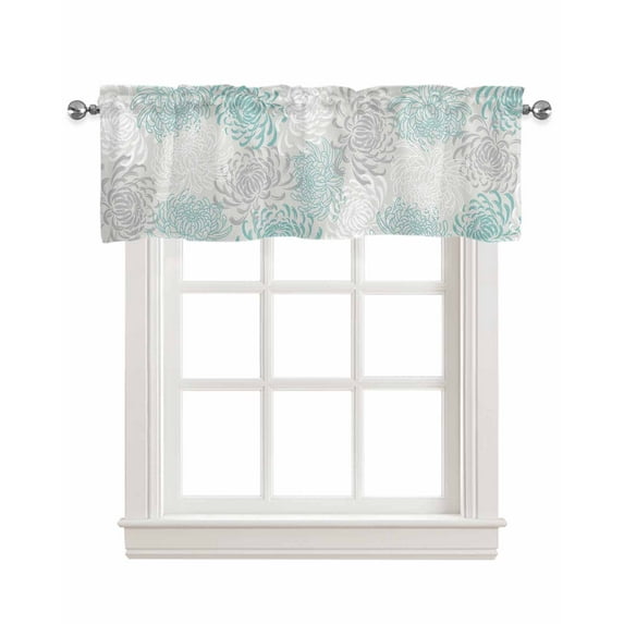 Aqua White Kitchen Valances for Windows Farmhouse Linen Window Valance Curtain for Living Room Window Treatment Abstract Grey Chrysanthemum Flower Floral Valance Rod Pocket Topper Drape, 42 x 18 Inch