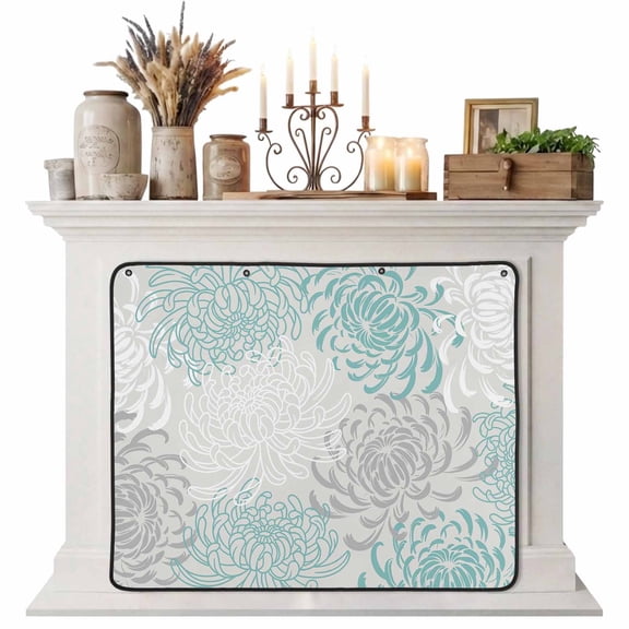 Aqua White Magnetic Fireplace Cover, Fireplace Draft Blocker, Abstract Grey Chrysanthemum Flower Floral Fireplaces Blanket for Heat Loss/Cold Air, Fireplaces Draft Stopper Cover for Inside 39"x32"