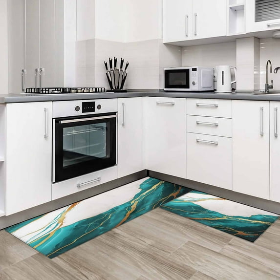 Aqua White Marble 2 Pieces Non-Slip Kitchen Mat Set Nature Marble Crack Yellow Lines Art Soft Door Mat with Rubber Backing,Dirtproof Rugs for Entrance Doorway 20x24in+20x48in
