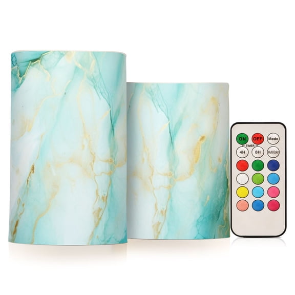 Aqua White Marble Flameless Candles with Remote Timer LED Battery Operated Flickering Candle Light for Festival Wedding Home Party