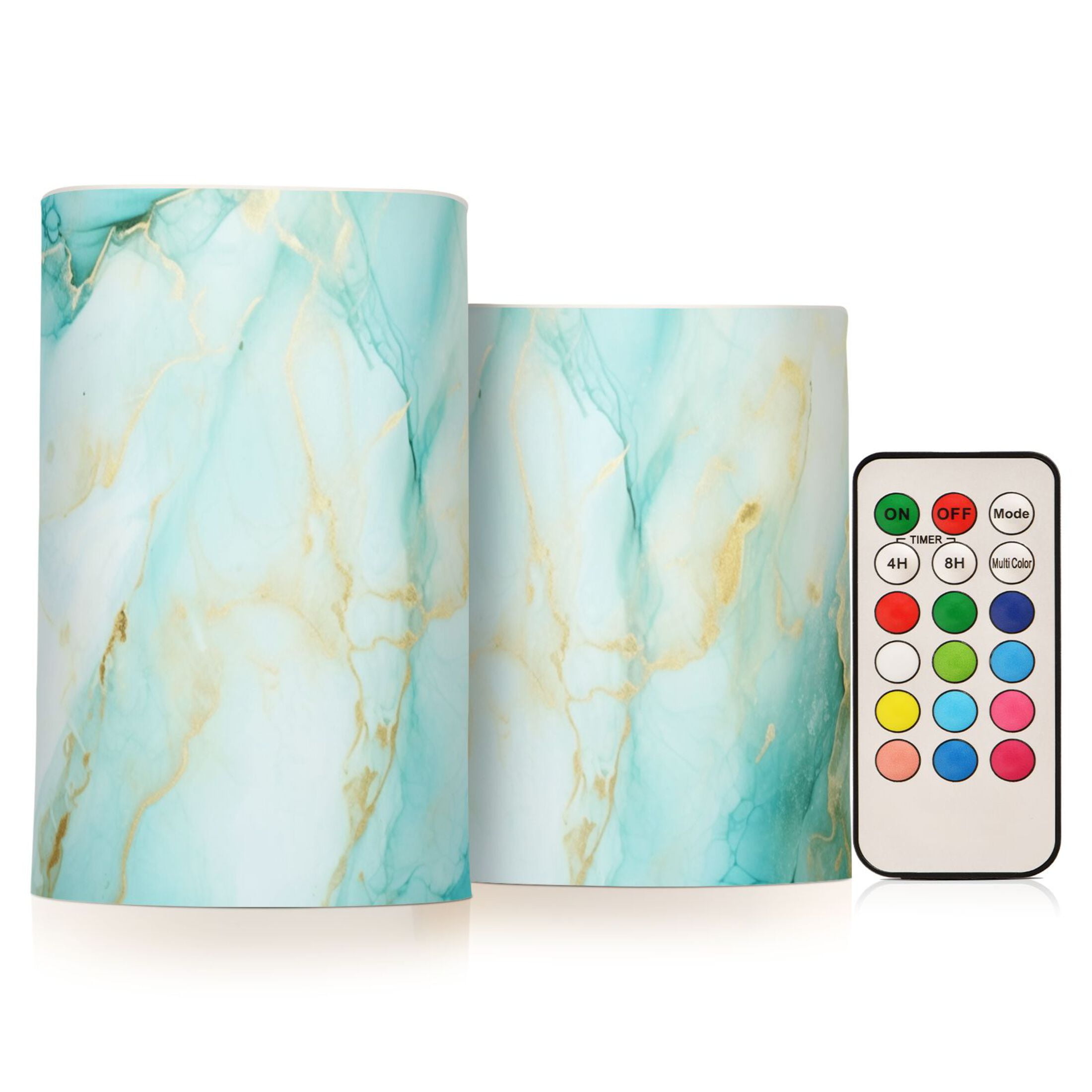 Aqua White Marble Flickering Flameless LED Candles set of 2 Battery Operated 18-Key Remotes Timer Halloween Fall Decor D3''xH4''5''
