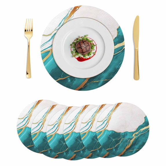 Aqua White Marble Round 13 Inch Placemats Set of 6, Nature Marble Crack Yellow Lines Art HeatResistant Non Slip Place Mats for Dining Table, Wipeable Braided Kitchen Table Mats for Housewarming