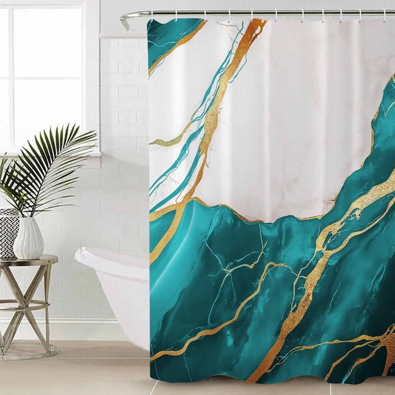 Aqua White Marble Shower Curtain Set, Waterproof Shower Curtains for Bathroom, Nature Marble Crack Yellow Lines Art Washable Fabric Cloth Bath Curtain for Bathtub Decoration with Hooks 66x72 Inches