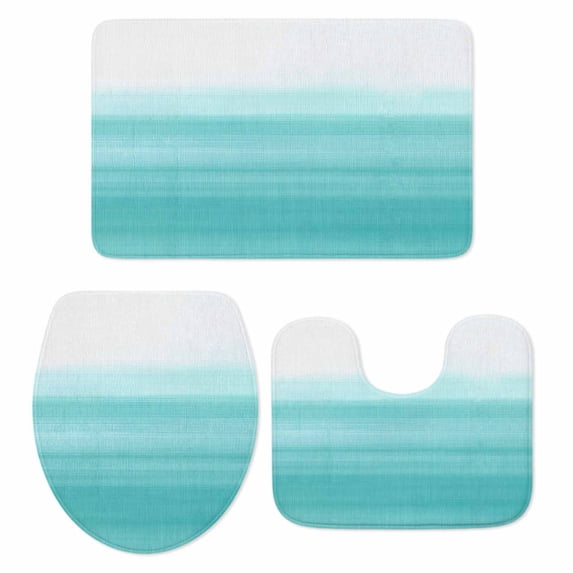 Aqua White Ombre Bath Mat 3 Piece Bathroom Rug Set, Chic Modern Funny Abstract Striped Art Non Slip Bath Rug Contour Mat and Toilet Lid Cover, Absorbent Shower Mats Soft Bath Rugs and Mats Sets